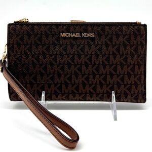 Michael Kors Large Jet Set Travel Signature Continental Wallet Wristlet Brown